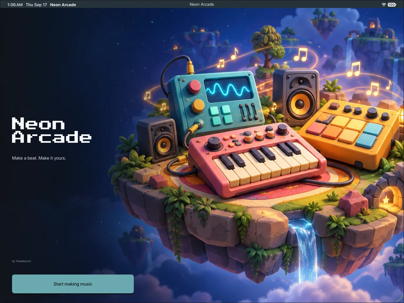 Neon Arcade's welcome screen with a colorful floating island, keyboard, synthesizer, drum machine, and Start button
